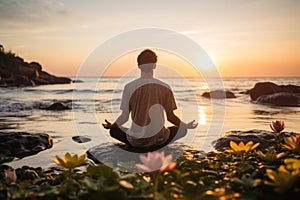 Man mediating on the beach - Mindfulness in Nature. AI Generated