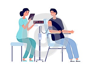 Man medical check up. Heart health, nurse and patient. People in hospital or doctor office vector illustration