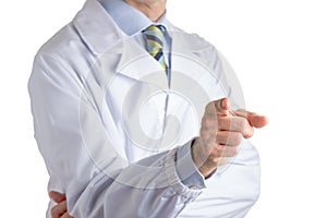 Man in medical coat pointing to viewer with right forefinger