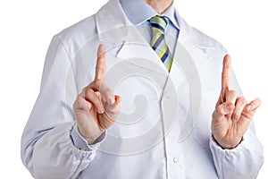 Man in medical coat raising both forefingers in a speech