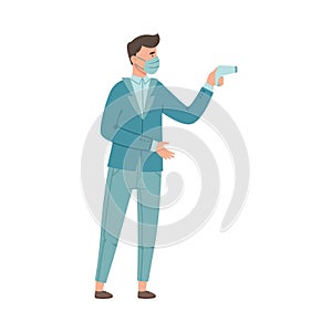 Man in Medical Face Mask Measuring Temperature with Thermometer Before Entry Vector Illustration
