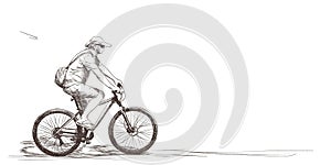 Man in medical face mask riding bicycle Vector drawing, People at coronavirus pandemic sketch, Hand drawn illustration