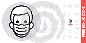 Man in medical face protection mask. Protective surgical mask icon. Simple black and white version. Free bonus icons kit