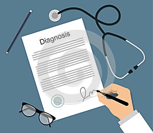 Man in medical form signs the diagnosis documen