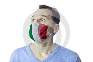 Man in medical mask. Fear. Isolated. Coronavirus outbreak in Europe. Covid-19