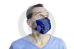 Man medical mask. Fear. Isolated. Coronavirus outbreak in Europe. Covid-19
