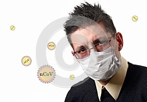 The man in the medical mask frowns. Viruses fly around