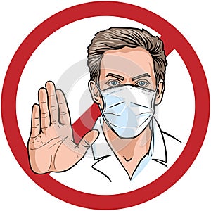 Man in a medical mask with a hand prohibits