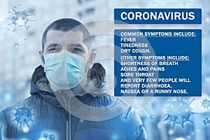 Man with medical mask and list of coronavirus symptoms