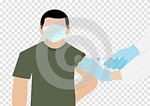A man with medical mask receives injection of covid-19 vaccine isolated on transparency background