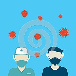 a man and medical personnel wearing masks to prevent transmission of the corona virus vector