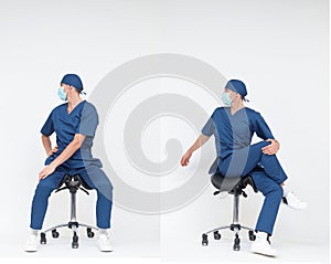 Man medical professional stretching  body,   sitting on mobile saddle