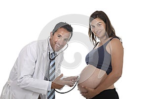 Man in medicine doctor coat using stethoscope listening to fetus