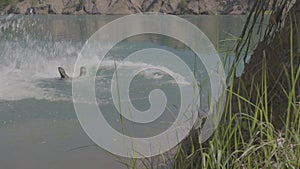 A man in a medieval villager costume falls into a pond, river or lake