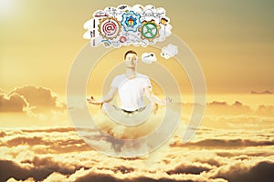 Man meditate in the sky and think about business scheme concept