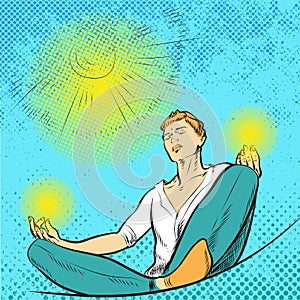 Man meditates in the Lotus position pop art comic style illustration