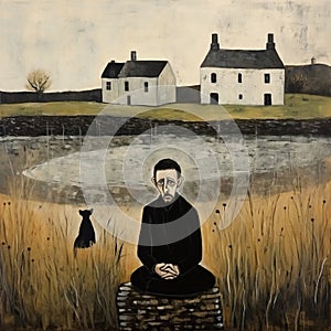 Acrylic Painting Of Man With Black Cat In Field - Isaac Cordal Style photo