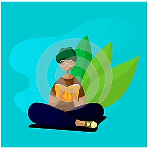 Man meditating in the garden and reading book