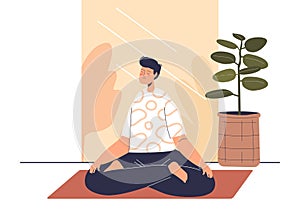 Man meditating at home sit with crossed legs in lotus pose relaxing and recreating