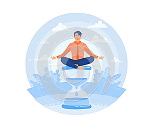 Man meditating on an hourglass. Balanced time and work management.