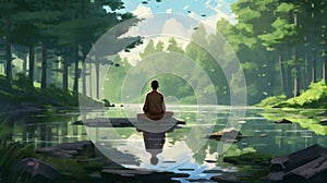 A man meditating on a lake.