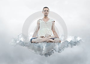 Man Meditating in Lotus Pose At Cloud and Relaxing From Stress. Man in Zen and Harmony.