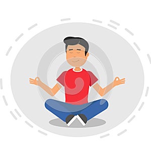 Man meditating in lotus yoga position. Man sitting in lotus pose on isolated grey background. Flat illustration.