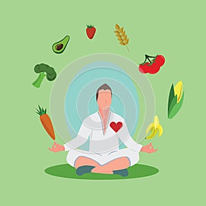 Man meditating in the middle of fruit and vegetable circle
