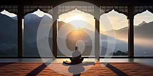 Man meditating on mosque terrace during sunset