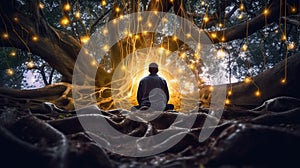Man meditating at night near an energetic tree with strong roots, in a magical forest filled with golden light. Generative AI