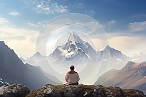 Man meditating on rocky mountaintop. Generative AI