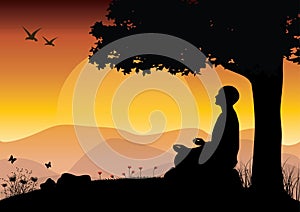 Man meditating in sitting yoga position on the top of a mountains above clouds at sunset. Zen, meditation, peace, Vector