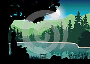 Man meditating in sitting yoga position on the top of a mountains above clouds at sunset. Zen, meditation, peace, Vector illustrat