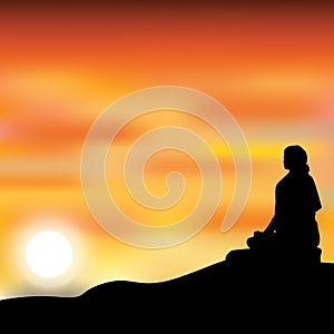 Man meditating in sitting yoga position on the top of a mountains above clouds at sunset. Zen, meditation, peace, Vector illustrat