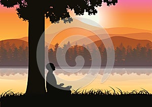 Man meditating in sitting yoga position on the top of a mountains above clouds at sunset. Zen, meditation, peace, Vector illustrat