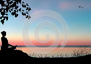 Man meditating in sitting yoga position on the top of a mountains above clouds at sunset. Zen, meditation, peace, Vector illustrat