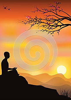 Man meditating in sitting yoga position on the top of a mountains above clouds at sunset. Zen, meditation, peace, Vector illustrat