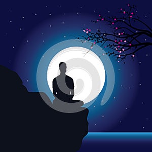 Man meditating in sitting yoga position on the top of a mountains above clouds at sunset. Zen, meditation, peace, Vector illustrat