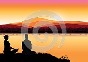 Man meditating in sitting yoga position on the top of a mountains above clouds at sunset. Zen, meditation, peace, Vector illustrat