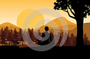 Man meditating in sitting yoga position on the top of a mountains above clouds at sunset. Zen, meditation, peace, Vector illustrat