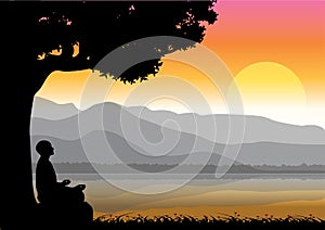 Man meditating in sitting yoga position on the top of a mountains above clouds at sunset. Zen, meditation, peace, Vector illustrat