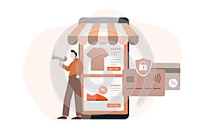A man with a megaphone advertising a store as a metaphor for online marketing. Online Shopping Mobile E-Commerce concept
