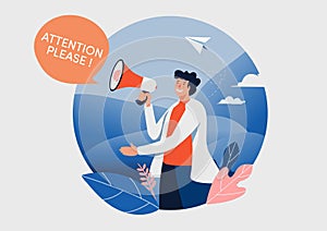 The man and megaphone with attention please word. People vector illustration. Flat cartoon character graphic design. Landing page