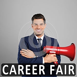 Man with megaphone on background. Career fair