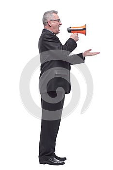 Man with megaphone giving an annoucement photo