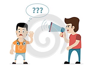 Man with megaphone and hard of hearing boy. Concept for hearing loss. photo