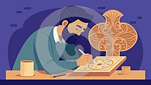 A man meticulously carving out intricate patterns on a piece of wood to create a religious sculpture under the guidance