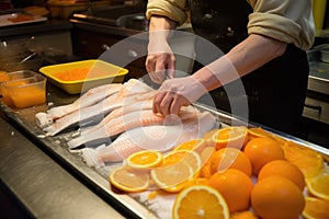 man meticulously placing orange slices onto fish fillets