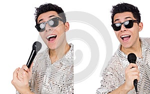 The man with mic isolated on white