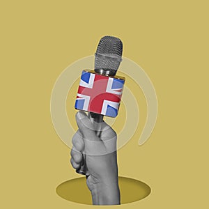 Man with a mic patterned with the flag of UK
